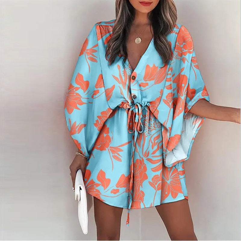 Novas mulheres do verão vestidos elegantes sexy v pescoço lace-up floral impresso