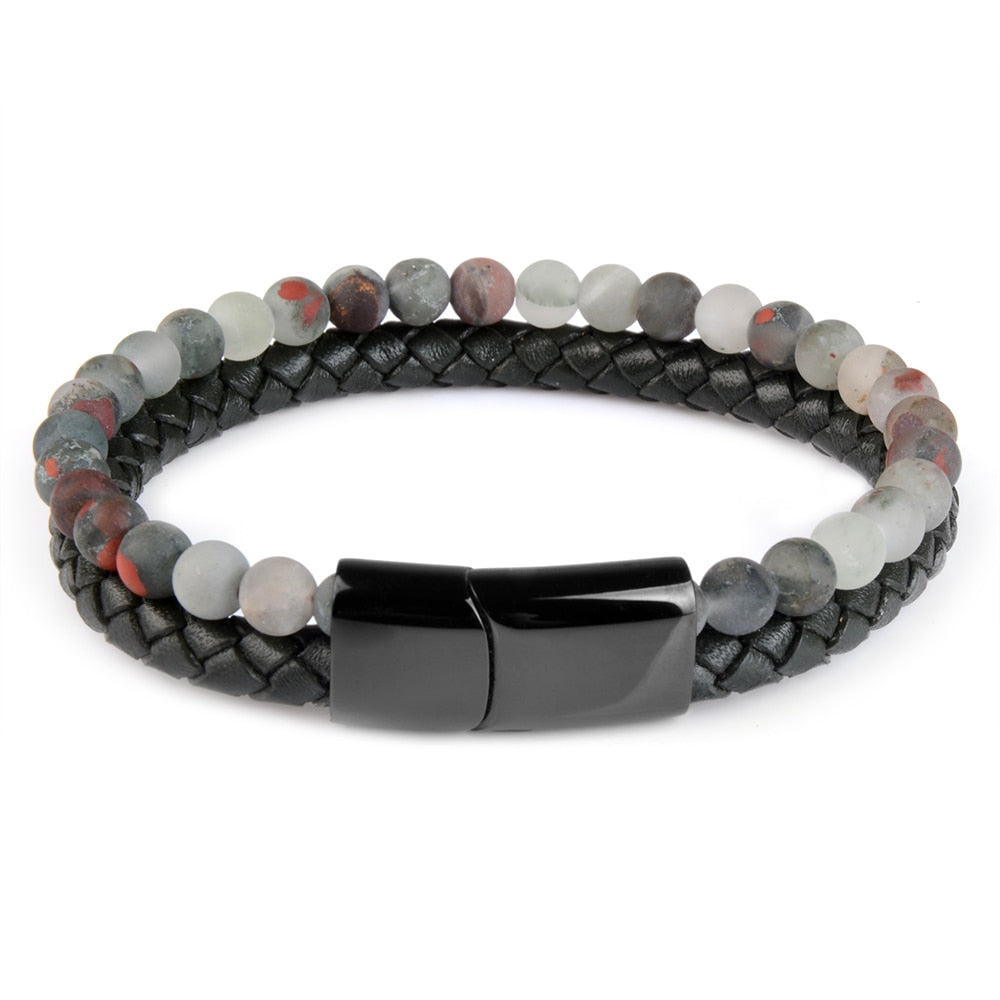Pedra natural pulseiras de couro genuíno pulseira trançada preto aço inoxidável