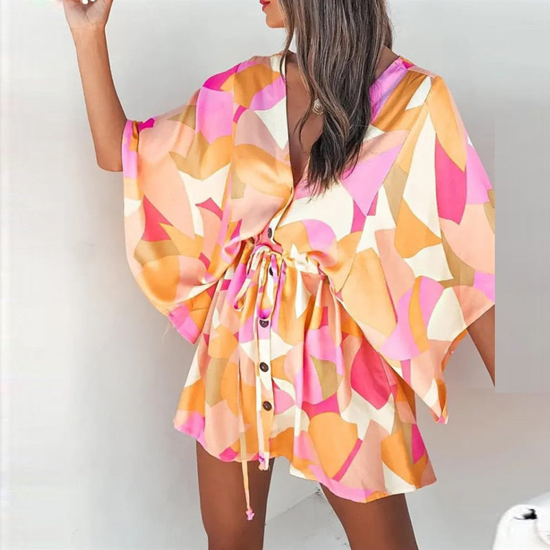Novas mulheres do verão vestidos elegantes sexy v pescoço lace-up floral impresso