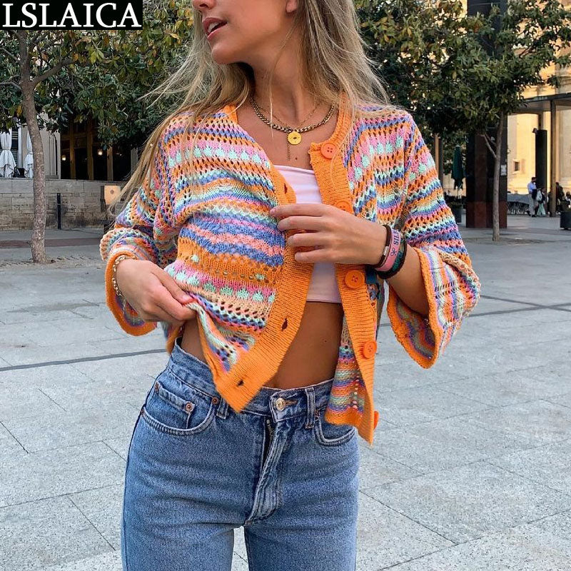 Cardigan topo feminino manga comprida único botão decorado fino arco-íris listrado retalhos camisola feminina