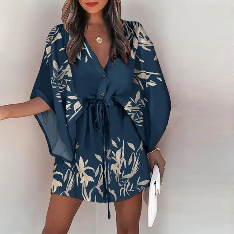 Novas mulheres do verão vestidos elegantes sexy v pescoço lace-up floral impresso
