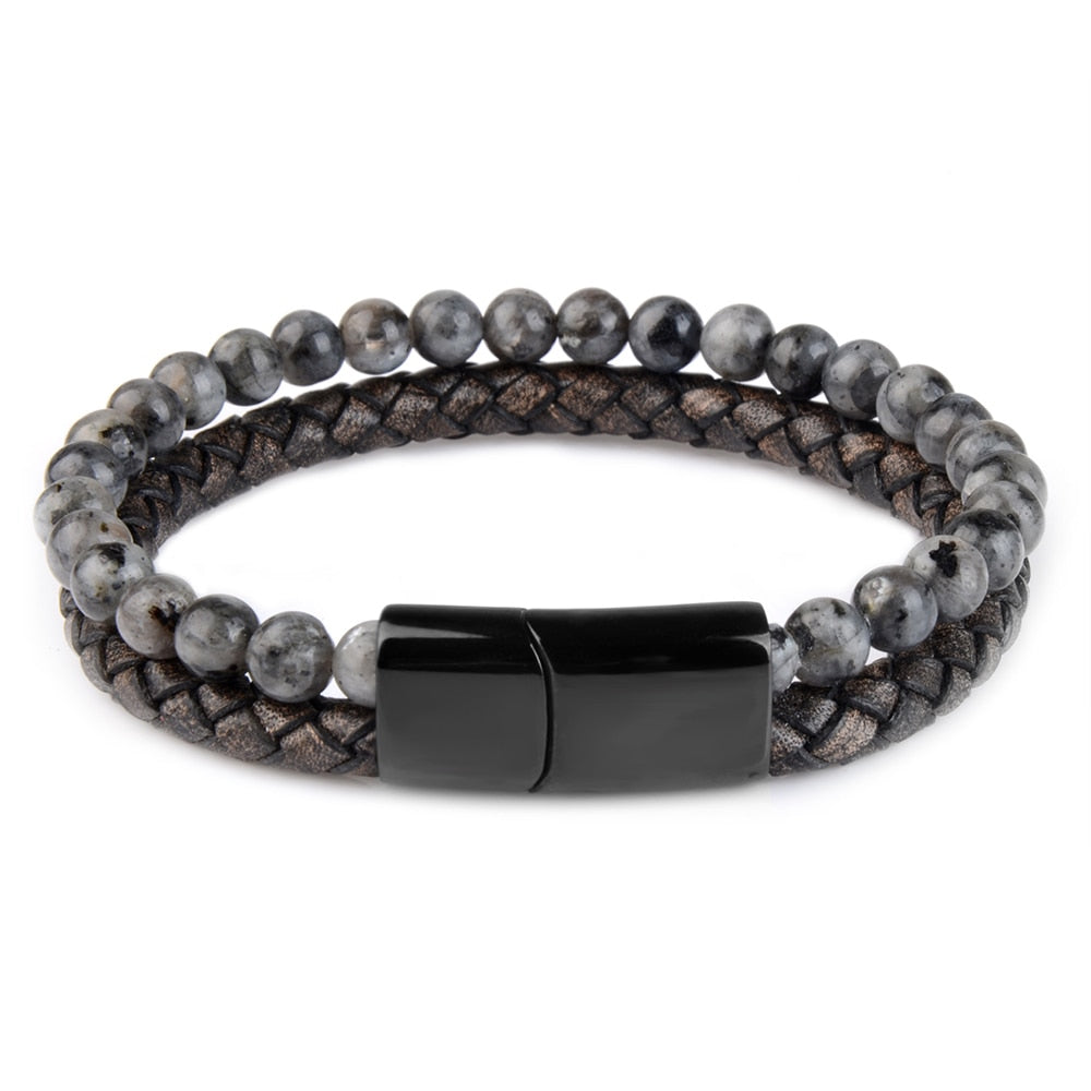 Pedra natural pulseiras de couro genuíno pulseira trançada preto aço inoxidável