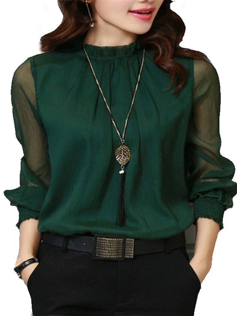 Blusa de chiffon novas mulheres topos de manga longa