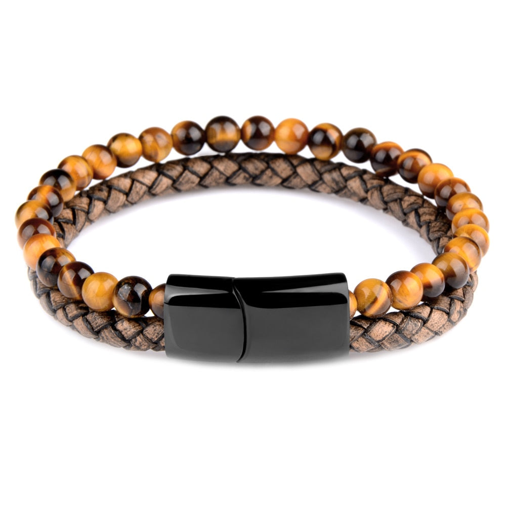 Pedra natural pulseiras de couro genuíno pulseira trançada preto aço inoxidável