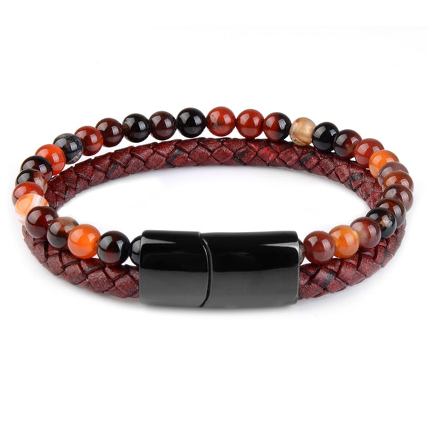 Pedra natural pulseiras de couro genuíno pulseira trançada preto aço inoxidável