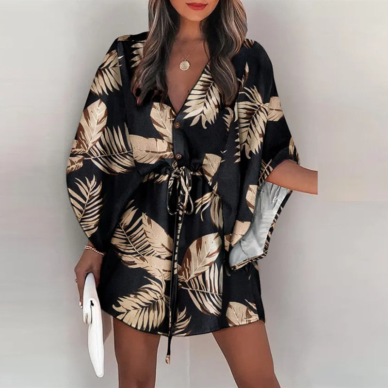 Novas mulheres do verão vestidos elegantes sexy v pescoço lace-up floral impresso