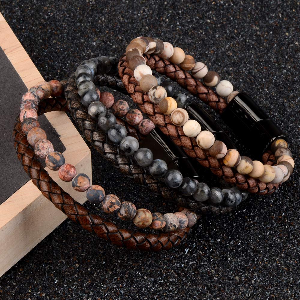 Pedra natural pulseiras de couro genuíno pulseira trançada preto aço inoxidável