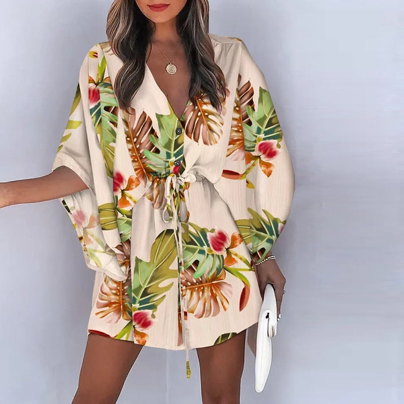 Novas mulheres do verão vestidos elegantes sexy v pescoço lace-up floral impresso