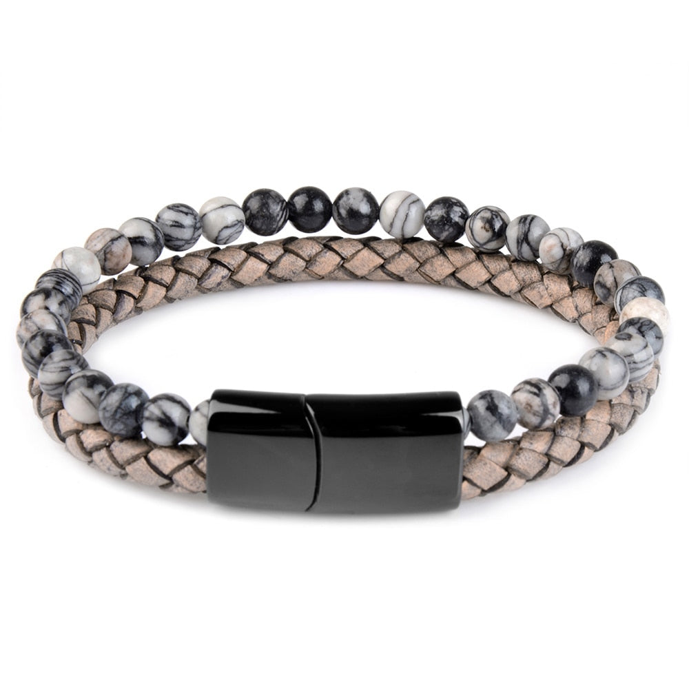 Pedra natural pulseiras de couro genuíno pulseira trançada preto aço inoxidável