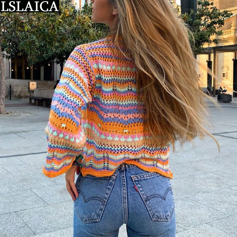 Cardigan topo feminino manga comprida único botão decorado fino arco-íris listrado retalhos camisola feminina