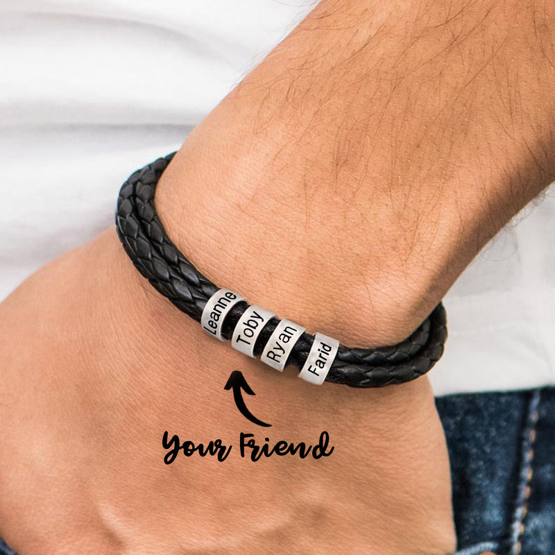 Pulseira masculina de couro trançado com nomes