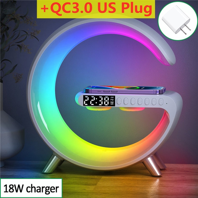 Carregador multifuncional, com Bluetooth, Carregador magnético para celular iPhone ou Samsung, despertador e controle de luz led por aplicativo.