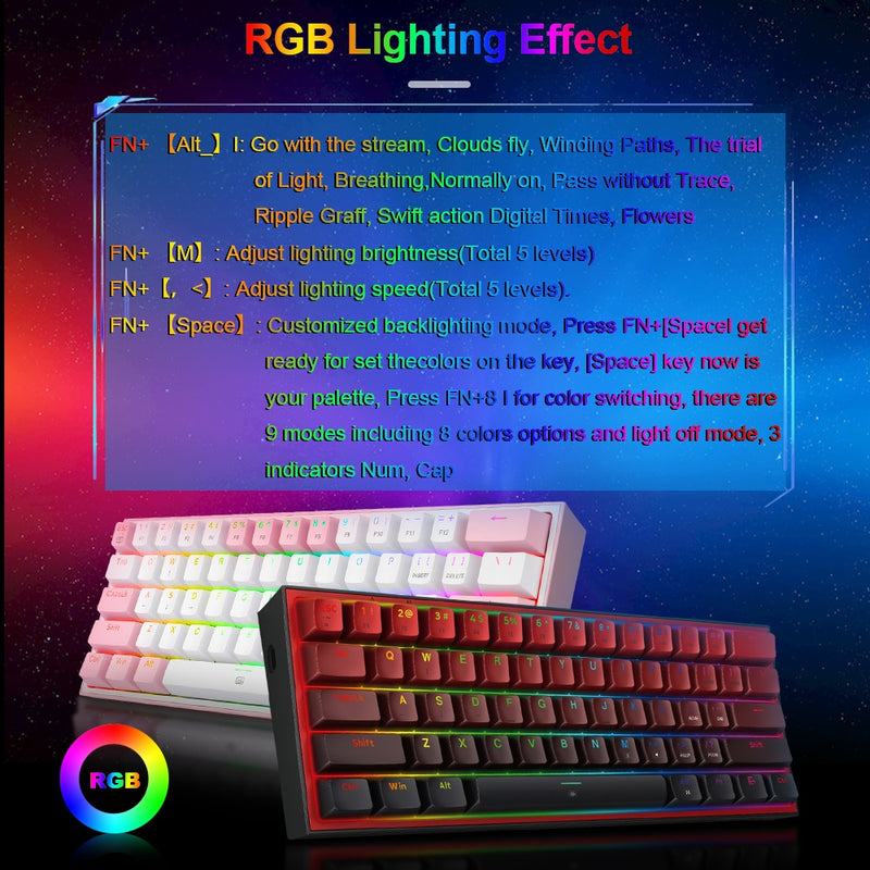 REDRAGON Fizz K617 RGB Mini USB Teclado Com Fio, Teclado Gaming Mecânico Interruptor Vermelho 61, Chave Gamer para PC, Computador Portátil.