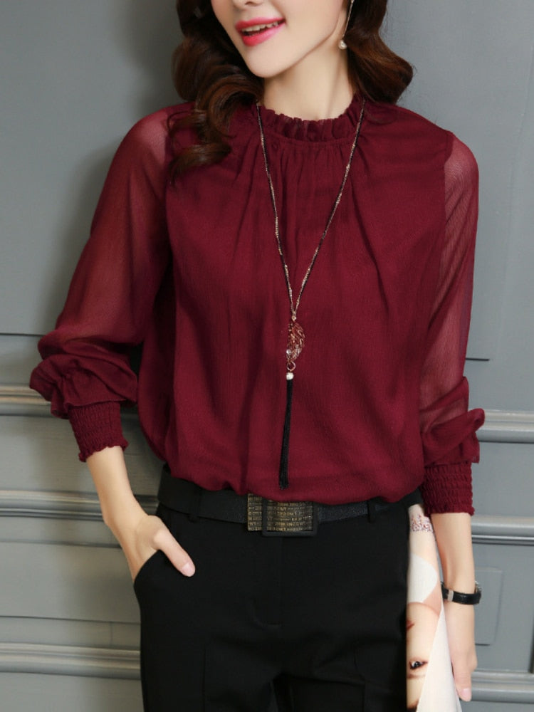 Blusa de chiffon novas mulheres topos de manga longa