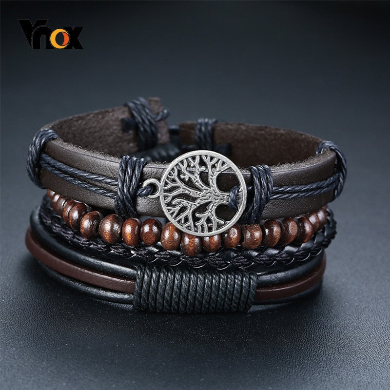 Vnox 4 pcs/set trançado wrap pulseiras de couro para homens vida do vintage árvore leme charme contas de madeira étnicas pulseiras tribais