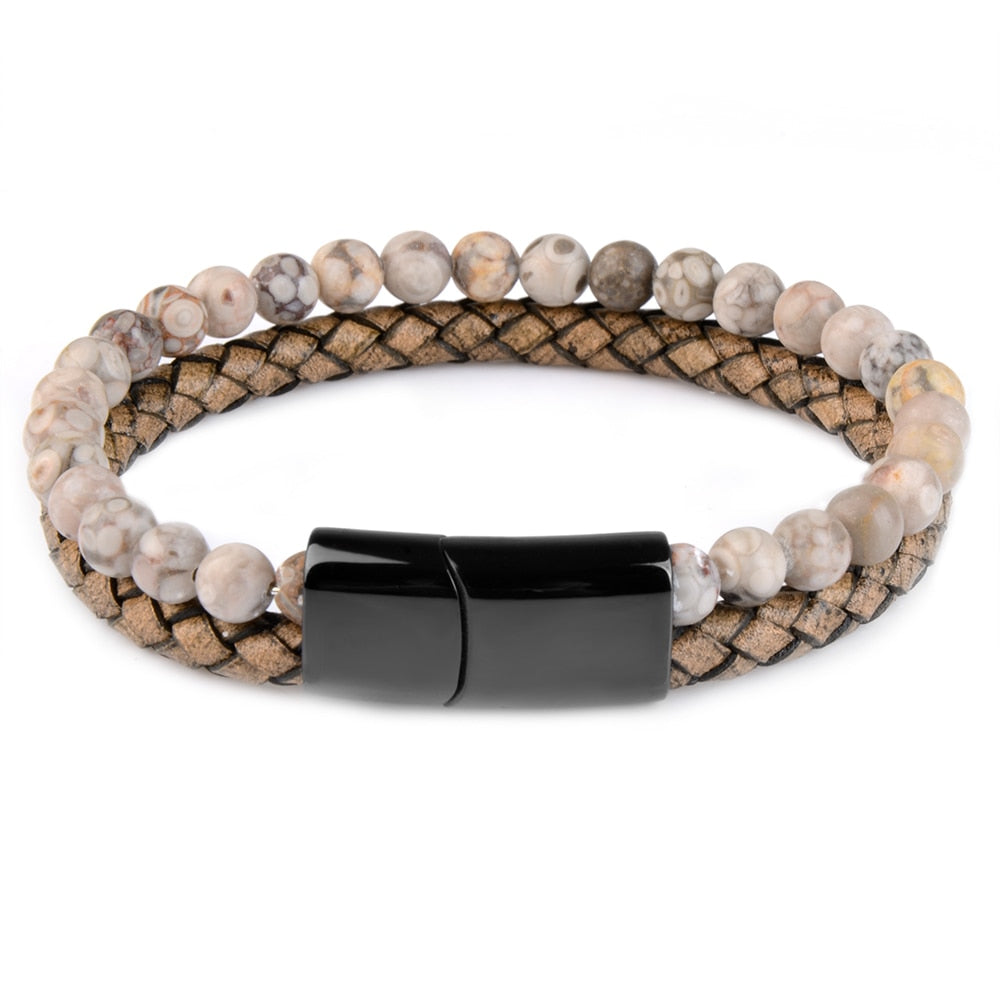 Pedra natural pulseiras de couro genuíno pulseira trançada preto aço inoxidável