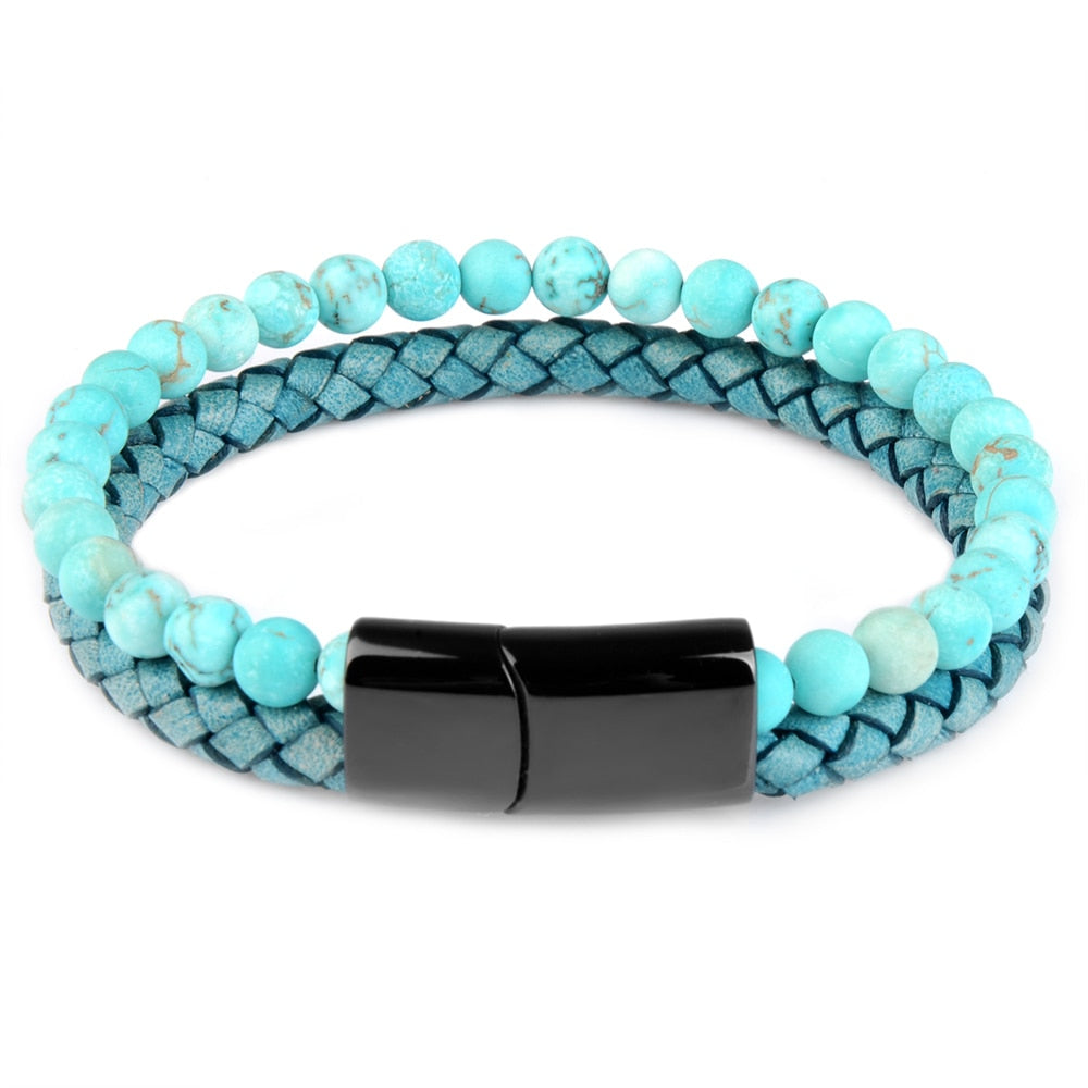 Pedra natural pulseiras de couro genuíno pulseira trançada preto aço inoxidável