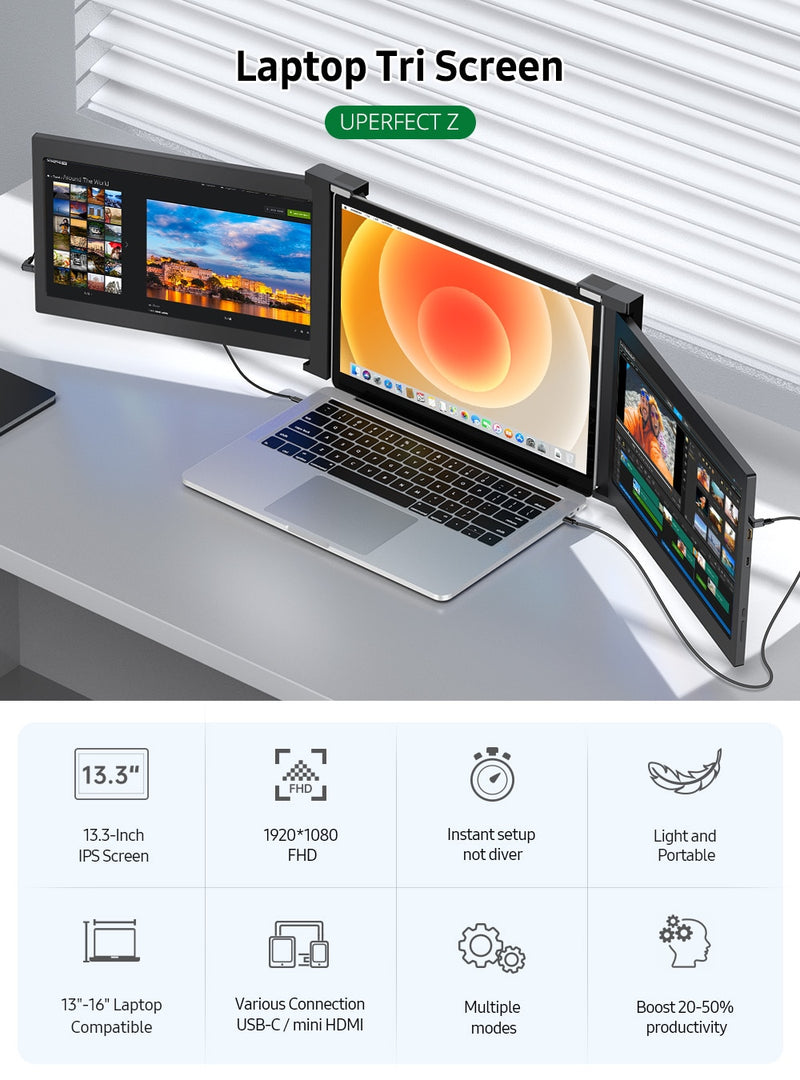Novo UPERFECT Z 13.3/14.0 "Monitor Portátil para Laptop Full HD IPS 1080P Extensor de Exibição Dupla Tela de Monitor para Laptops de 13"-16.5" (Monitor Triplo)